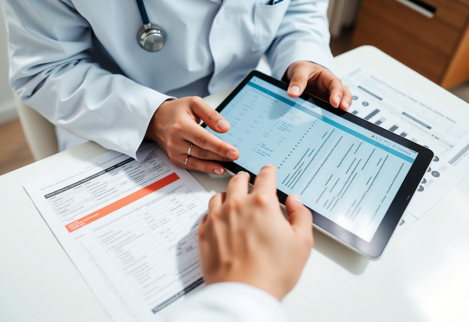 Médica revisando exames no tablet